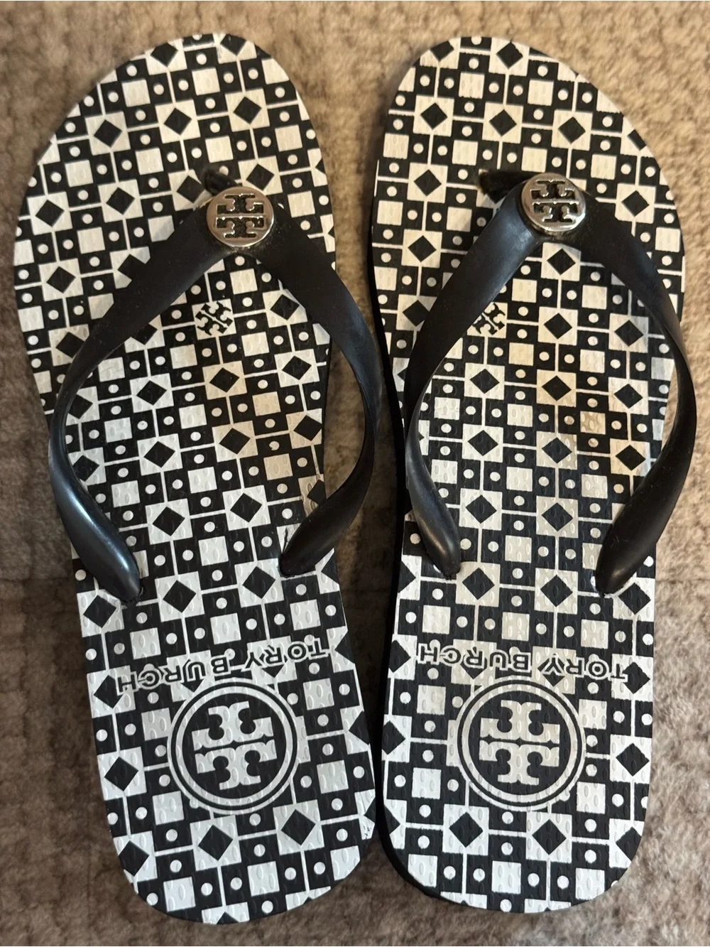 Tory Burch Black and White Logo-Print Wedge Flip Flops